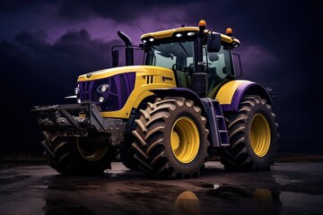 Fototapeta premium A purple and yellow tractor in the field during the rain