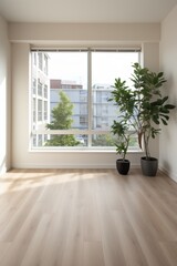 Bright empty room with large windows and potted plants