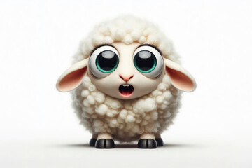 full body Funny Portrait of surprised a sheep with Huge Eyes on solid white background. ai generative