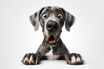 full body photo Funny Portrait of surprised Great Dane dog with Huge Eyes on solid white background. ai generative