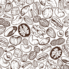 Vector line art seamless pattern of mix nuts. Hand painted pistachio, walnut, hazelnut and almond on white background. Tasty food illustration for design, print, fabric or background. - 710935048