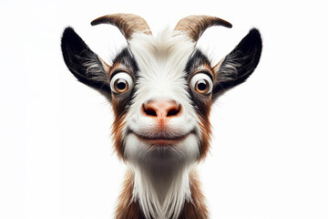 Obraz premium Funny Portrait of surprised close up of a goat with bulging big eyes on solid white background. ai generative