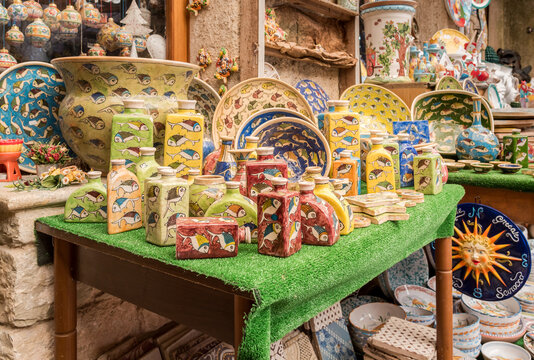 Traditional Sicilian handmade ceramic pottery products in typical souvenir shop in the historic center of Erici, province of Trapani, Western Sicily, Italy