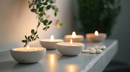 Obraz na płótnie Canvas Ceramic candles glow with a tranquil flame on a minimalist shelf, accompanied by smooth pebbles and a soft-hued plant