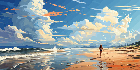 a young woman running on a white sand beach with the background of a beautiful blue sky and clouds vector flat bright colors
