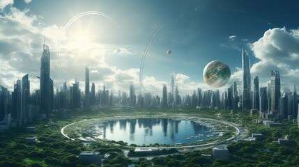 A city with a planet at its center - obrazy, fototapety, plakaty