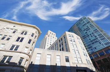 View of downtown Durham, NC with its historic and new buildings