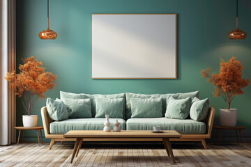 A cozy and inviting living room mockup showcasing solid colorful decor and an empty frame, creating a warm and welcoming background for your creative copy.