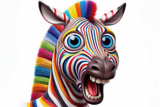 Photo of a shocked zebra in multicolored stripes on a white background with bulging eyes. ai generative