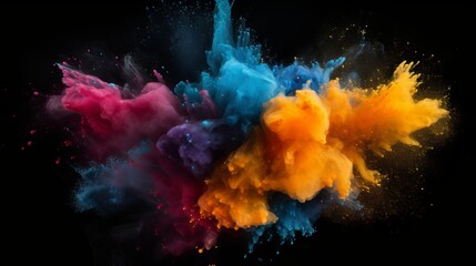 A dust explosion that is abstractly colored and has abstract powder splatters on a black background.
