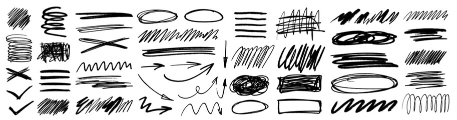 Grunge scrawls, charcoal scribbles, rough brush strokes, underlines, circles. Bold charcoal freehand stripes, ink shapes, arrows, marks. Crayon or marker scribbles. Vector illustration - obrazy, fototapety, plakaty