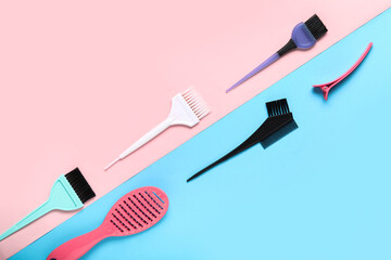 Set of hairdresser's tools on color background