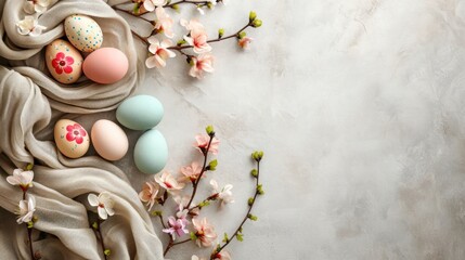 Minimalist ivory wool banner with frame of Easter decoration.Happy Easter frame with colored eggs and copy space - obrazy, fototapety, plakaty