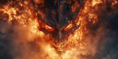 Fiery head of a evil monster in the fire - 710936252