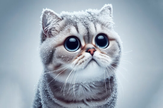 portrait of a frozen cute cat with bulging big eyes on a solid white background. ai generative