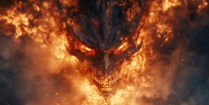 Fiery head of a evil monster in the fire