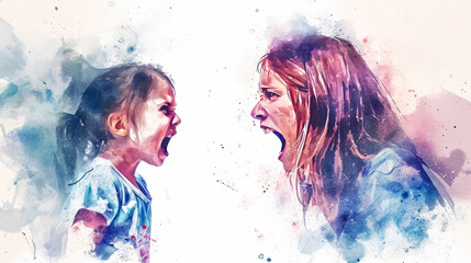 Abusive mother illustration, bad mother scream, victim child, despotic parent, psychological violence abuse. - obrazy, fototapety, plakaty