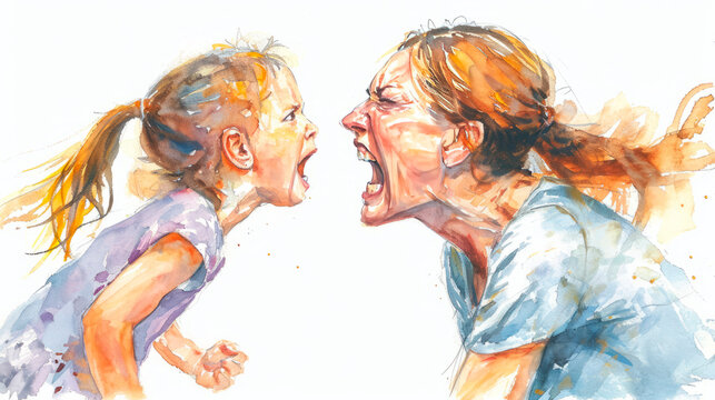Abusive mother illustration, bad mother scream, victim child, despotic parent, psychological violence abuse.