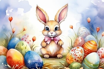 Easter bunny and Easter eggs painted with watercolor paints in the style of a children's illustration