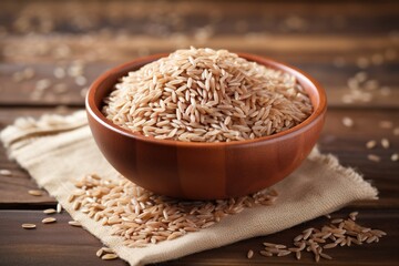 A wooden bowl filled with brown rice on a burlap cloth