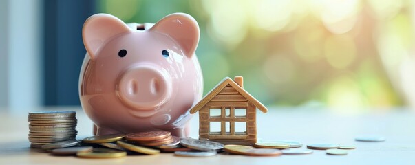 Piggy bank and stack of coins with a little house