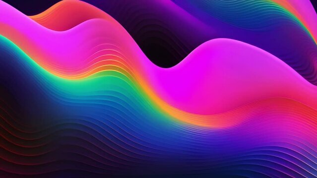Neon rainbow retro waves moving on black background. glowing neon lines, abstract background, equalizer, signal chart, ultraviolet spectrum, laser show, impulse power, energy, chaotic waves, looped an