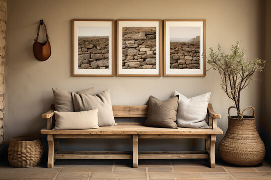 Picture the coziness of a modern farmhouse entrance hall featuring a rustic bench and a functional wall-mounted coat rack. 