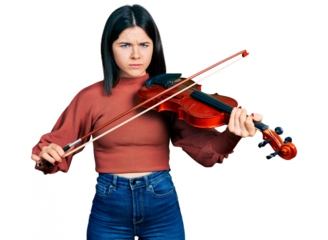 Young brunette woman with blue eyes playing violin skeptic and nervous, frowning upset because of problem. negative person.