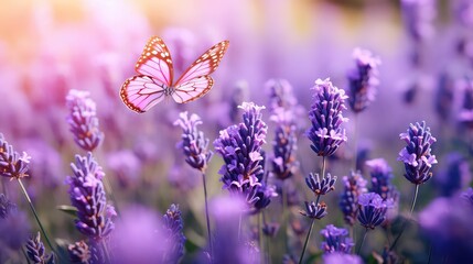 Field of lavender flower and butterfly in a meadow in nature in the rays of sunlight Sunny summer spring nature background, close-up of a macro, purple royal colors and beautiful bokeh,  illustration.
