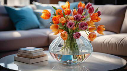 A meticulously arranged glass vase with a burst of colorful flowers as the focal point on a sleek round coffee table.
