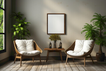 Set the scene for relaxation with two chairs, a table, and a cute little plant against a simple solid wall, accentuated by a blank empty white frame for customization.