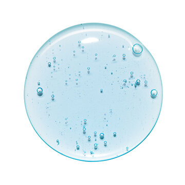 Blue serum oil sample swatch round shape with bubbles texture isolated on white background. cosmetic Hyaluronic acid retinol collagen science lab product
