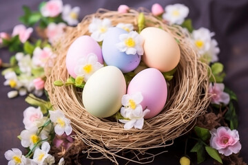 Bright colored easter eggs in a bird nest on wooden table. Holiday greeting card, spring season background.