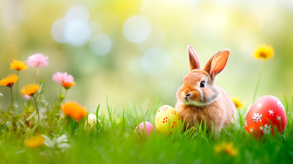 Funny little bunny and easter eggs and pink flowers in grass background with place for text. Happy easter card.