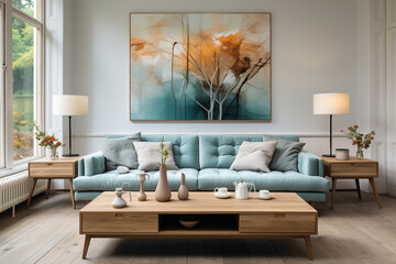 Fototapeta na wymiar Step into a space of simplicity with light blue and aqua sofas paired with a wooden table. 