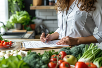 Nutritionist Writing a Healthy Eating Plan with Fresh Vegetables - obrazy, fototapety, plakaty