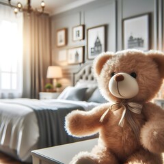 Teddy bear in a bedroom scene in the blurred background