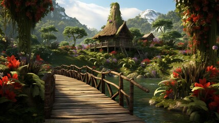 A jungle abode with a wooden bridge leading to its entrance, surrounded by vibrant flowers and towering trees -Generative Ai - obrazy, fototapety, plakaty
