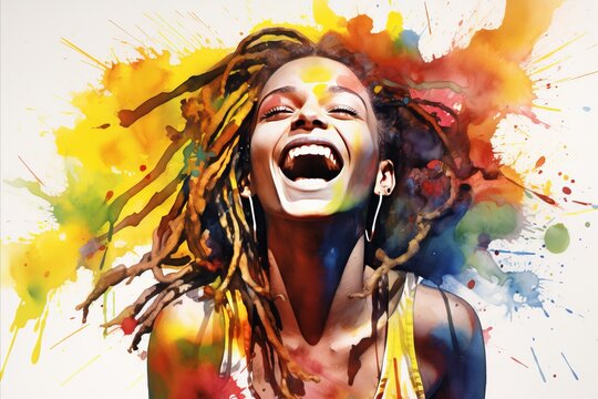 watercolor illustration in bright colors, african girl with dreadlocks smiles on a light background