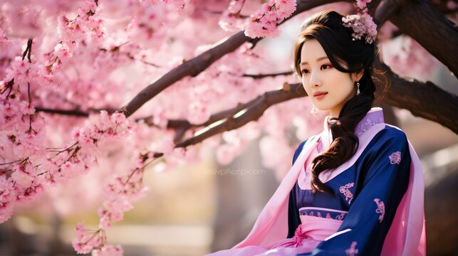 A beautiful Asian woman wearing a traditional Korean hanbok dress stands under a cherry blossom tree