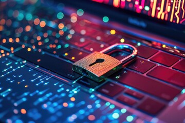 An open laptop with a padlock on it, colorful algorithm background