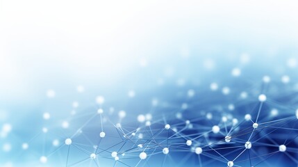 The abstract blue blurred geometry wireframe network and connecting dots on a white background are intertwined with each other.