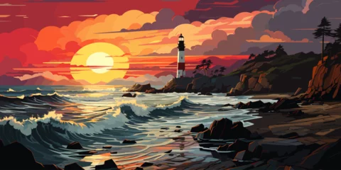 Papier Peint photo Lavable Noir Vector landscape with lighthouse illustration. Sunset at sea. vector flat bright colors