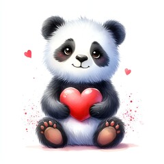 Fototapeta premium Cute panda with red heart watercolor paint for Valentine day card decor