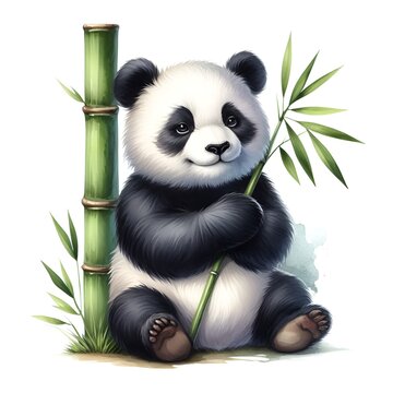 Cute panda with green bamboo plant watercolor paint for China day card decor
