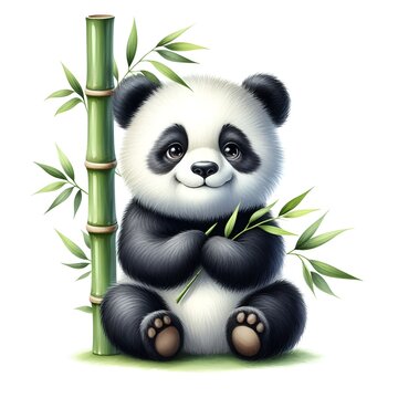 Cute panda with green bamboo plant watercolor paint for China day card decor