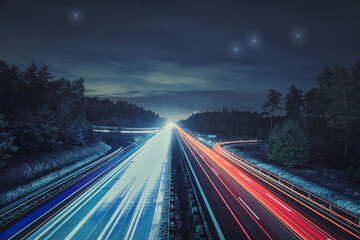 Langzeitbelichtung - Autobahn - Strasse - Traffic - Travel - Background - Line - Ecology - Highway - Long Exposure - Motorway - Night Traffic - Light Trails - Winter - Schnee - Nebel	 - A13 - obrazy, fototapety, plakaty
