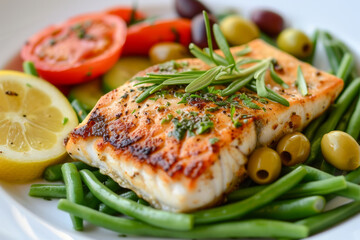 Grilled fish fillet served on a bed of green beans with a side of fresh tomatoes, olives, and a lemon wedge, offering a healthy and flavorful Mediterranean meal