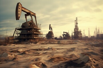 Industrial atmosphere with a formidable oil pump rig dominating the landscape