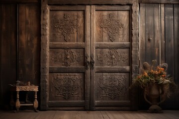 Antique wooden doors with intricate carved patterns